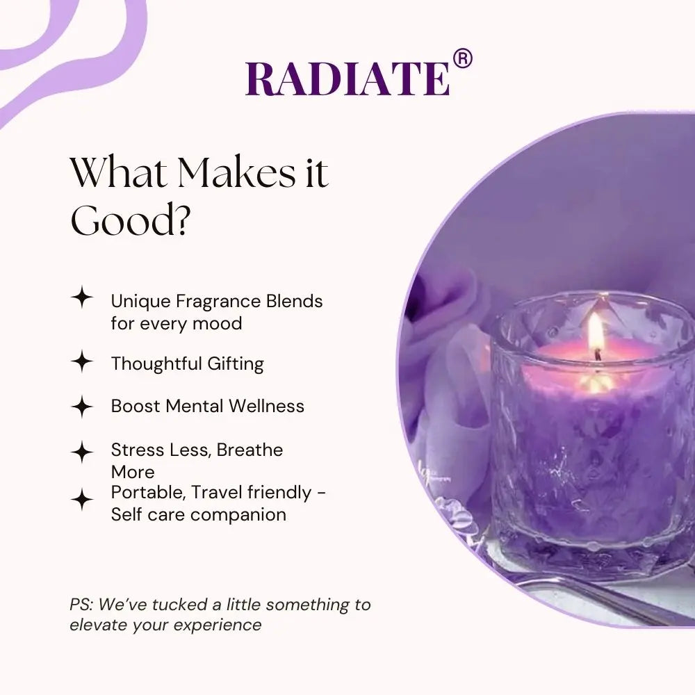 Promotional image of 'Radiate' a candle brand with text about their product features.
