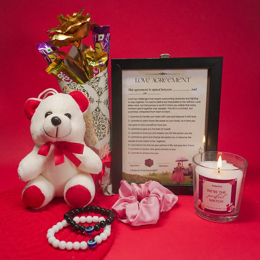 Romantic Gift box by Radiate containing Scented candle, Love agreement, Rose and chocolate bouquet, teddy, scrunchy and couple matching bracelets.