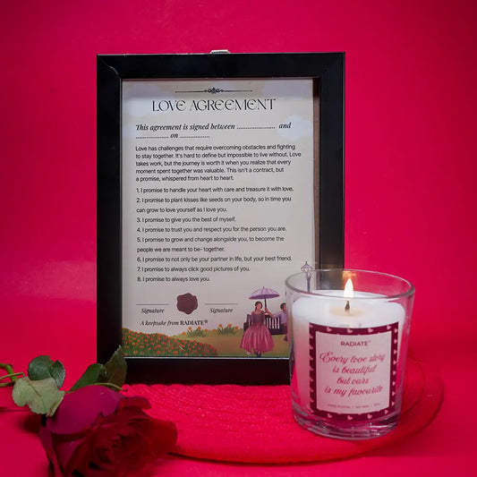 Framed love agreement and love story scented candle combo gift by Radiate on a red background