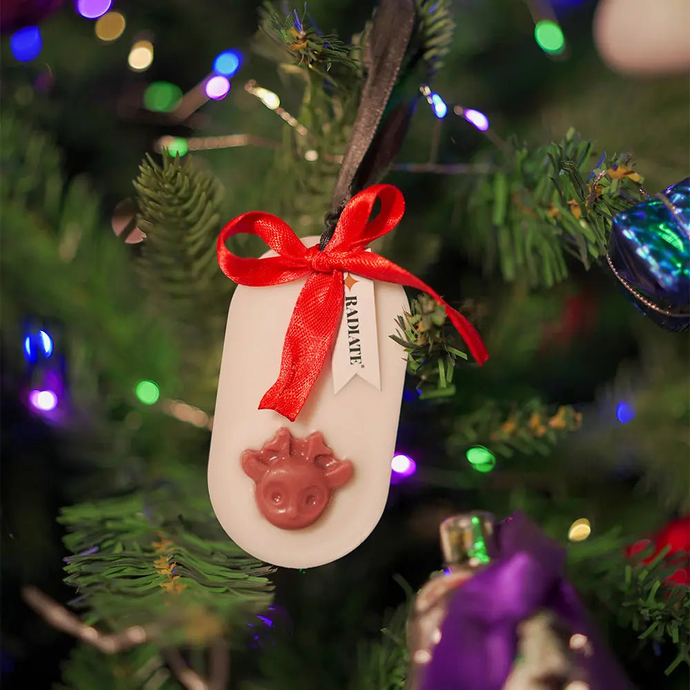 Rudolf scented wax sachet by Radiate. Hanged as ornament on a Christmas tree with decorations. 