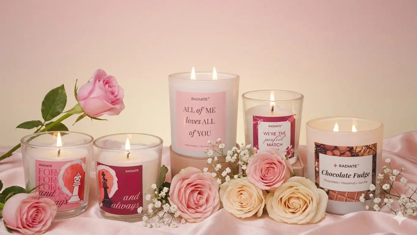 Candles with romantic messages and pink roses on a soft pink background