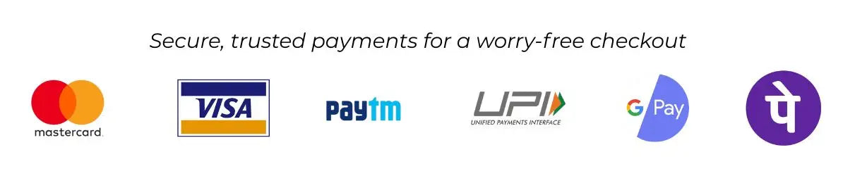 Logos of various payment methods with text 'Secure, trusted payments for a worry-free checkout'.