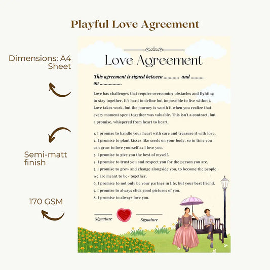 Playful Love Contract Agreement Certificate for couples I Romantic Keepsake
