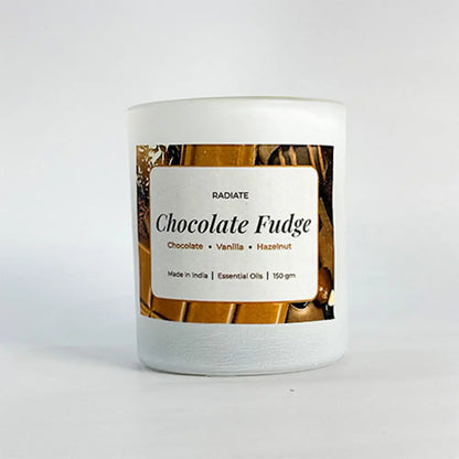 Radiate's Chocolate Fudge scented soy wax candle with aroma of Chocolate, Hazelnut and vanilla placed against a white background. 