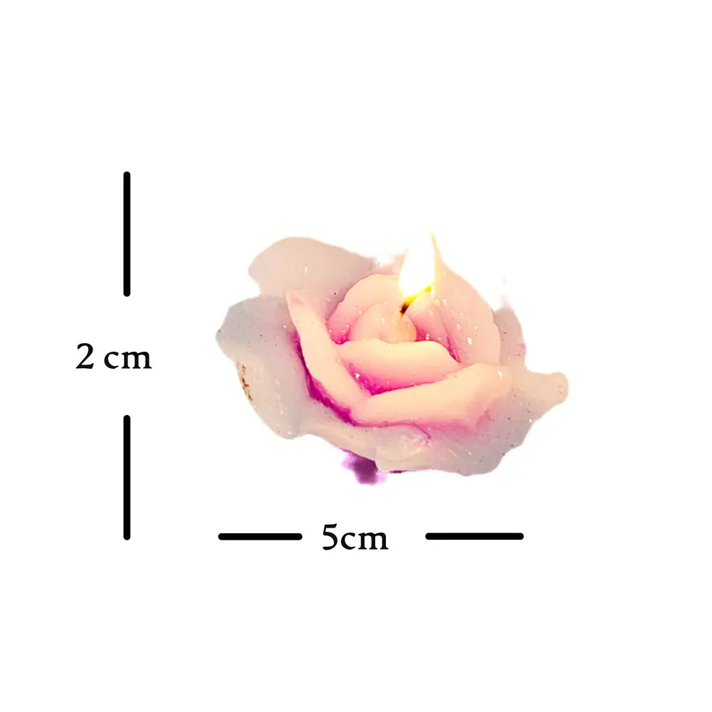 dimensions of a pink rose flower floating candle and labeled dimensions on a white background