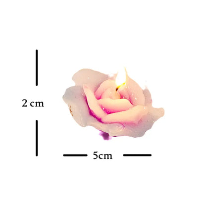 dimensions of a pink rose flower floating candle and labeled dimensions on a white background