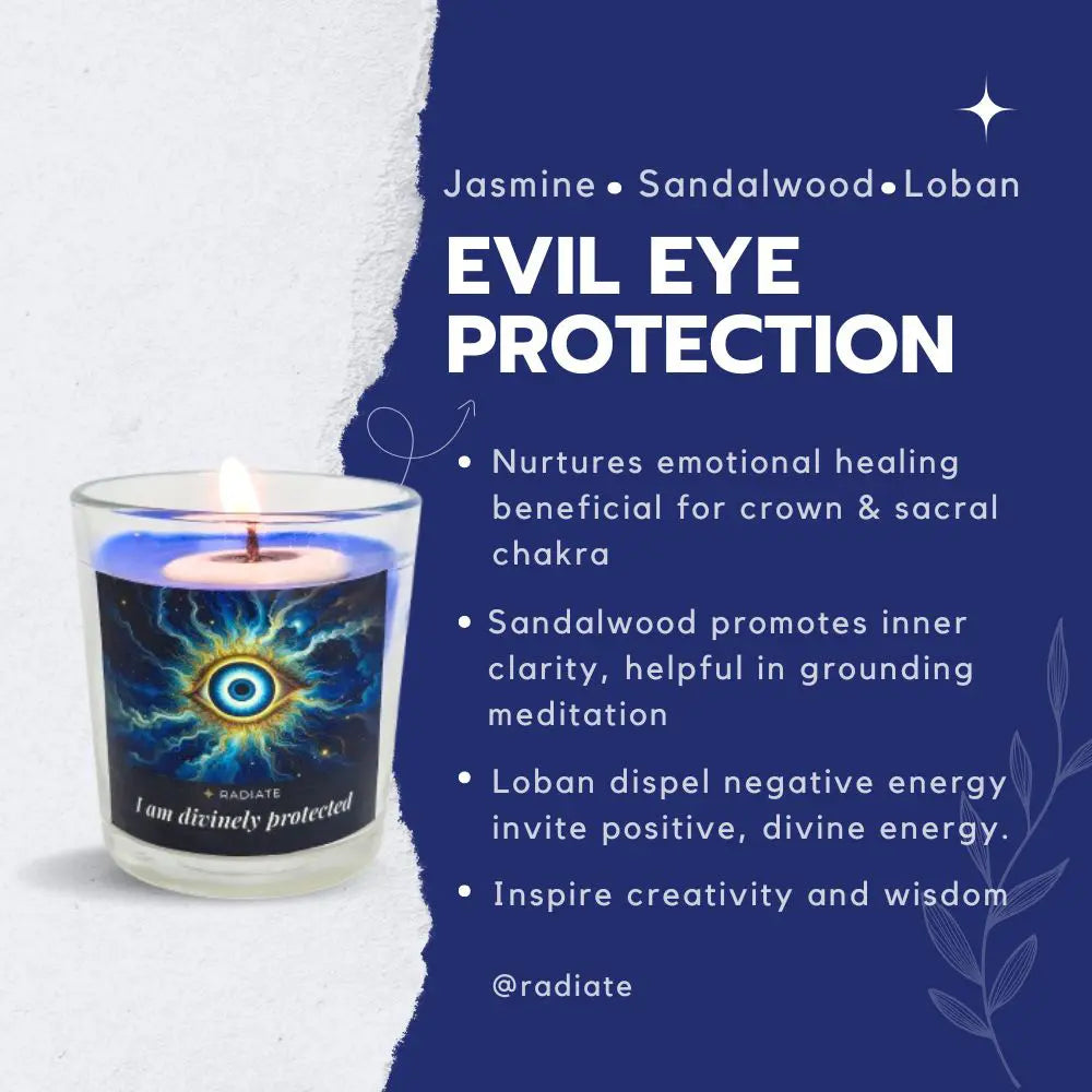 Graphic highlighting benefits of Jasmine, Sandalwood, Loban/ Frankincense of evil eye protection scented candle in crown and sacral chakra healing, grounding, clarity, focus, dispel negative energy, invite positive, protective divine energy, inspire creativity, peace and wisdom. 