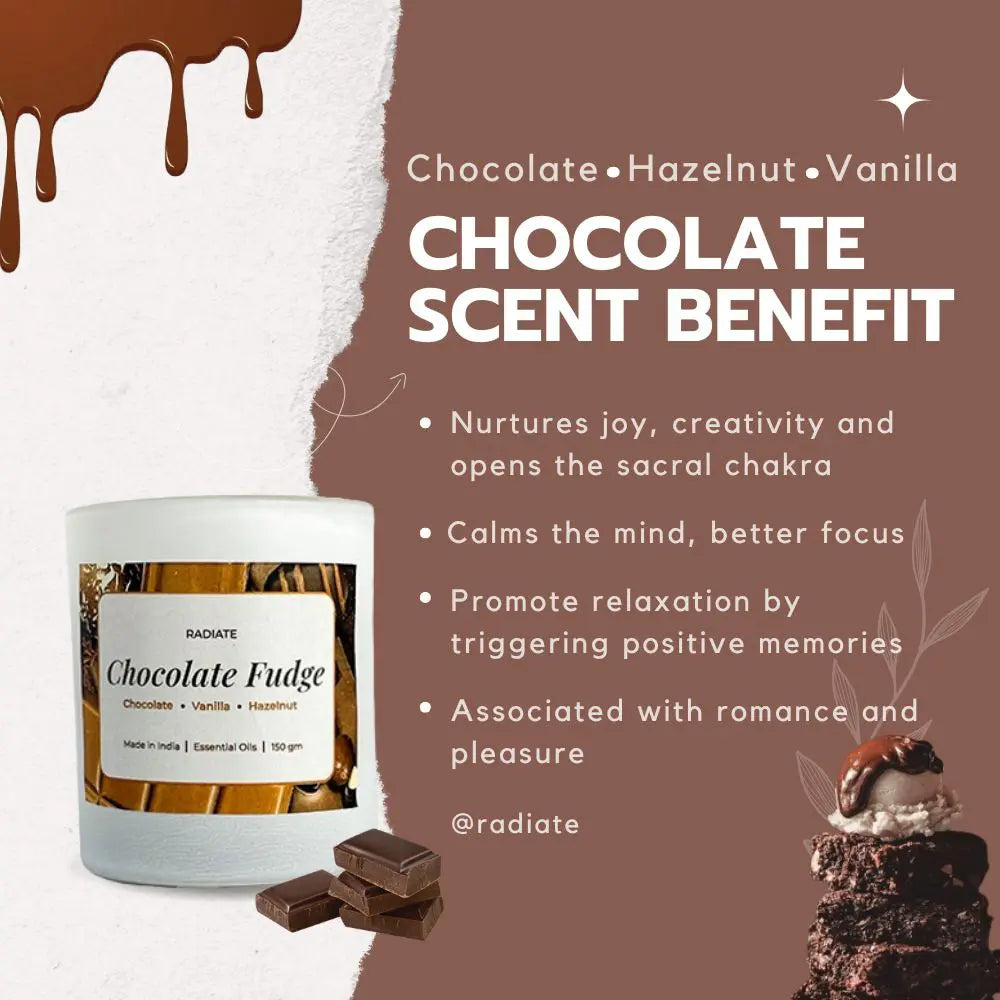 Graphic highlighting benefits of chocolate, hazelnut and vanilla scented candle in opening sacral chakra, promotes clarity, focus, relaxation, calms mind, trigger positive memories, nostalgia, helpful as aphrodisiac in sexual wellness and romantic pleasure. 
