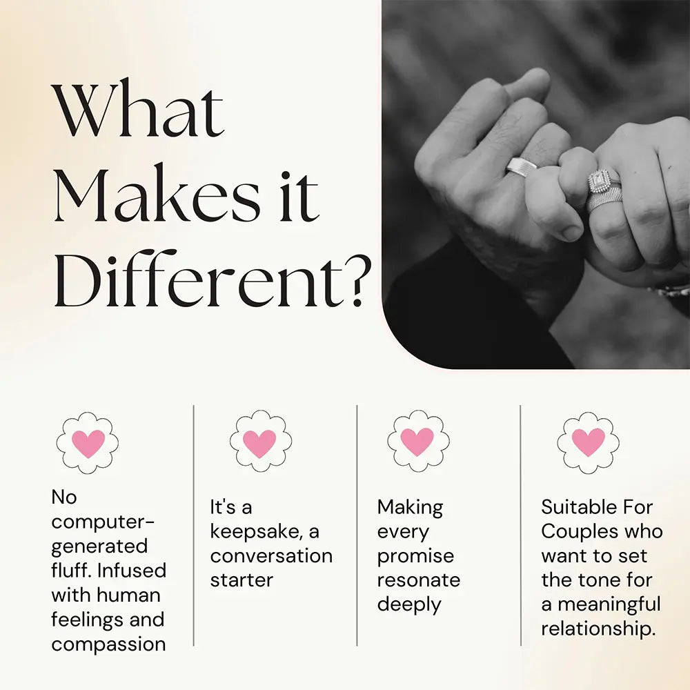 Creative with text and a black and white photo of hands holding rings, discussing the uniqueness of a love contract agreement.