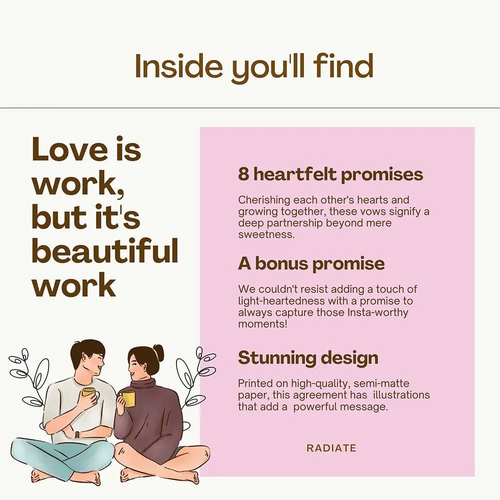 Promotional text about love and work with a couple sitting together on a white background.
