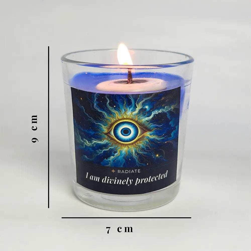 Evil eye protection candle with a label featuring an eye design and text, on a white background with measurements indicated.