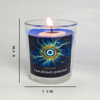 Evil eye protection candle with a label featuring an eye design and text, on a white background with measurements indicated.