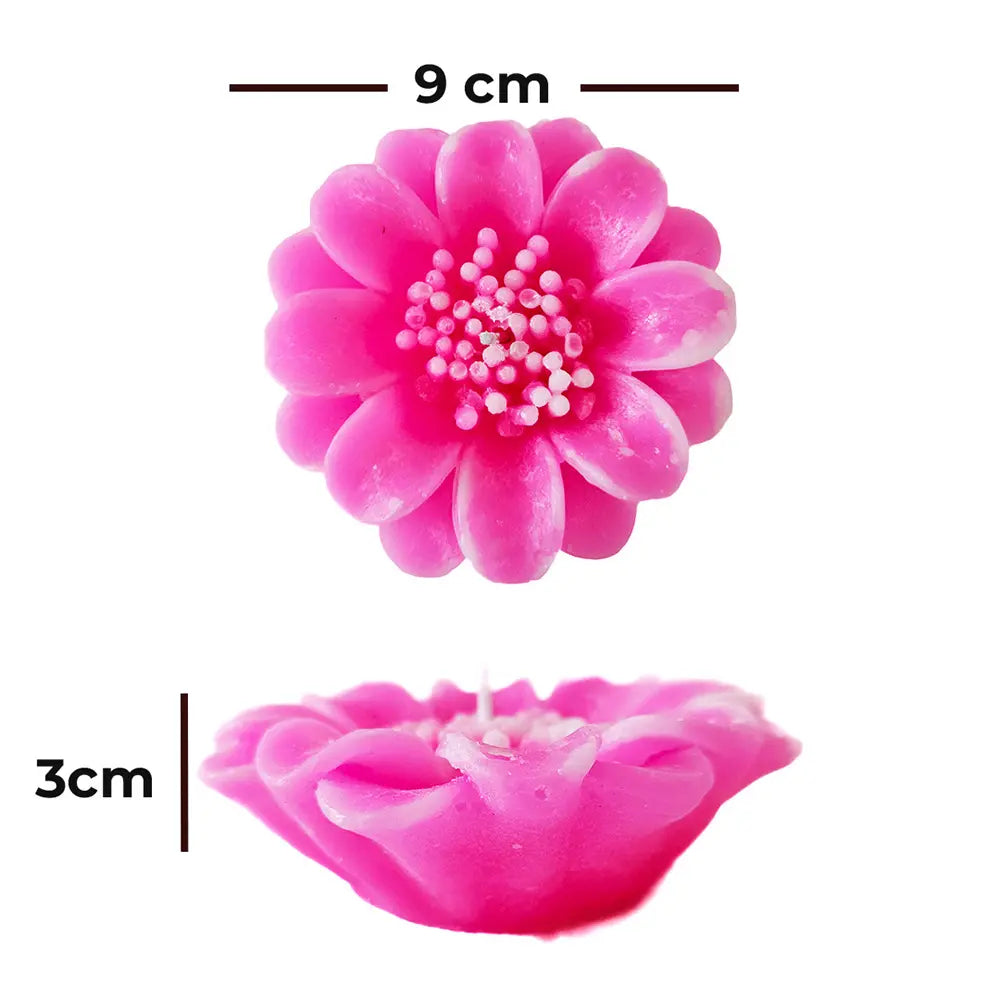 Top view of pair of pink flower-shaped lotus flower floating candle on a white background