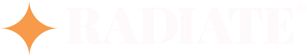 Radiate's Orange diamond star-shaped logo with brand name Radiate on a white background