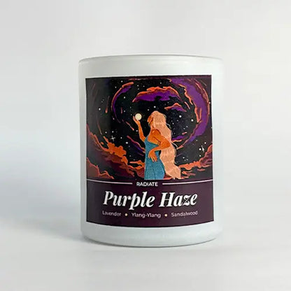 Radiate's Purple Haze scented soy wax candle with aroma of Lavender, Ylang-Ylang and Sandalwood against a white background. 