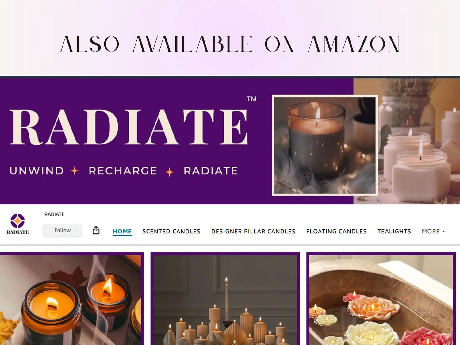 Radiate candle brand amazon India homepage with images of candles and promotional text.